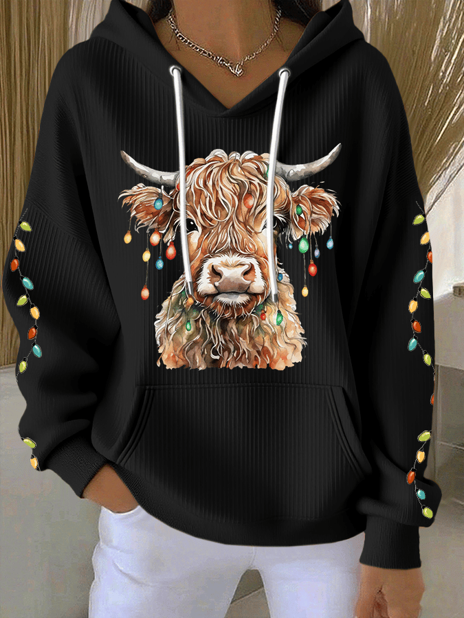 Women's Christmas Highland Cow Print Casual Hooded Sweatshirt