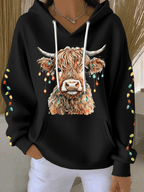 Women's Christmas Highland Cow Print Casual Hooded Sweatshirt