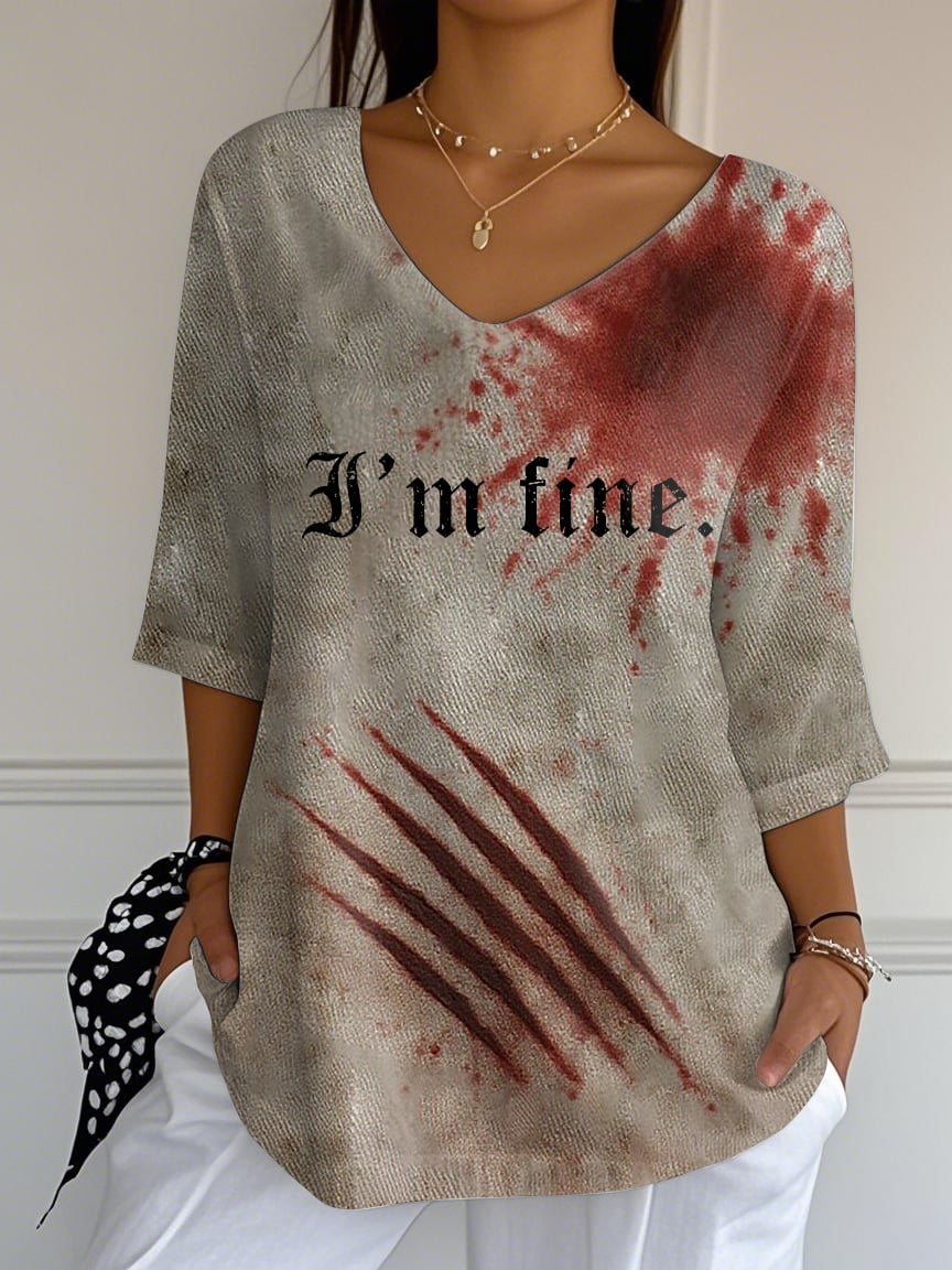 Women's I'm Fine Bloody Print Mid Sleeve T-Shirt