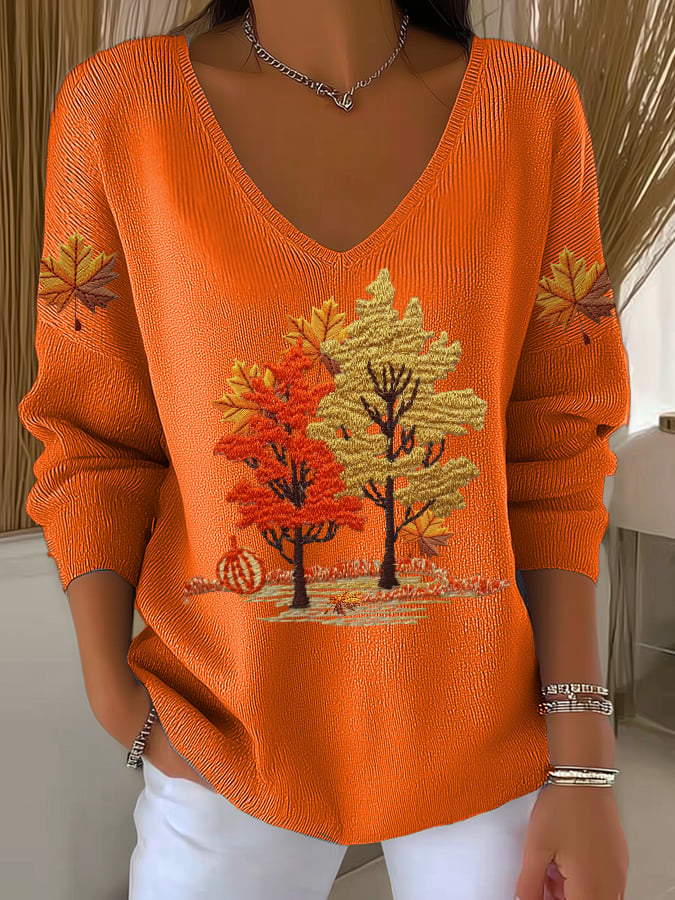 Women's Autumn Maple Leaf Striped Long-Sleeved Top