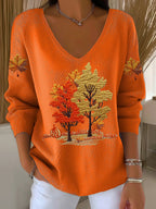 Women's Autumn Maple Leaf Striped Long-Sleeved Top