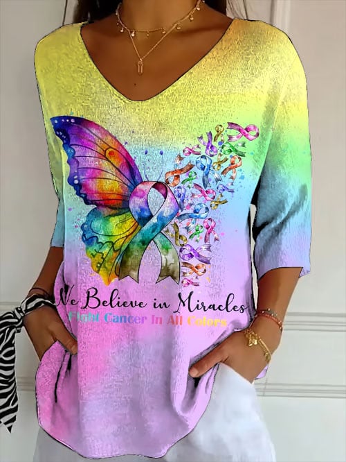 Women's We Believe In Miracles Fight Cancer In All Colors Printed T-Shirt