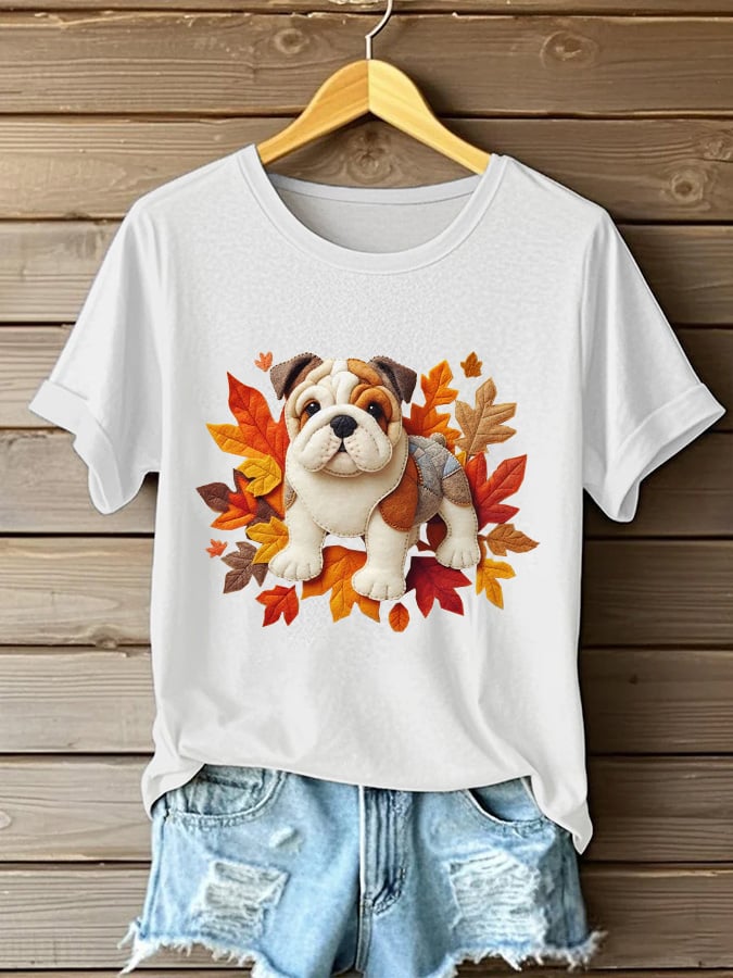 Women's Casual Cute Autumn Dog Pattern Printed Round Neck Short Sleeve T-Shirt