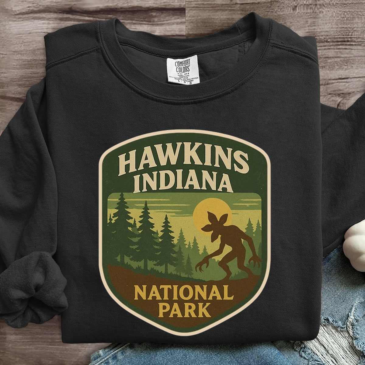 Hawkins Indiana National Park Upside Down 80s Horror Art Print Sweatshirt