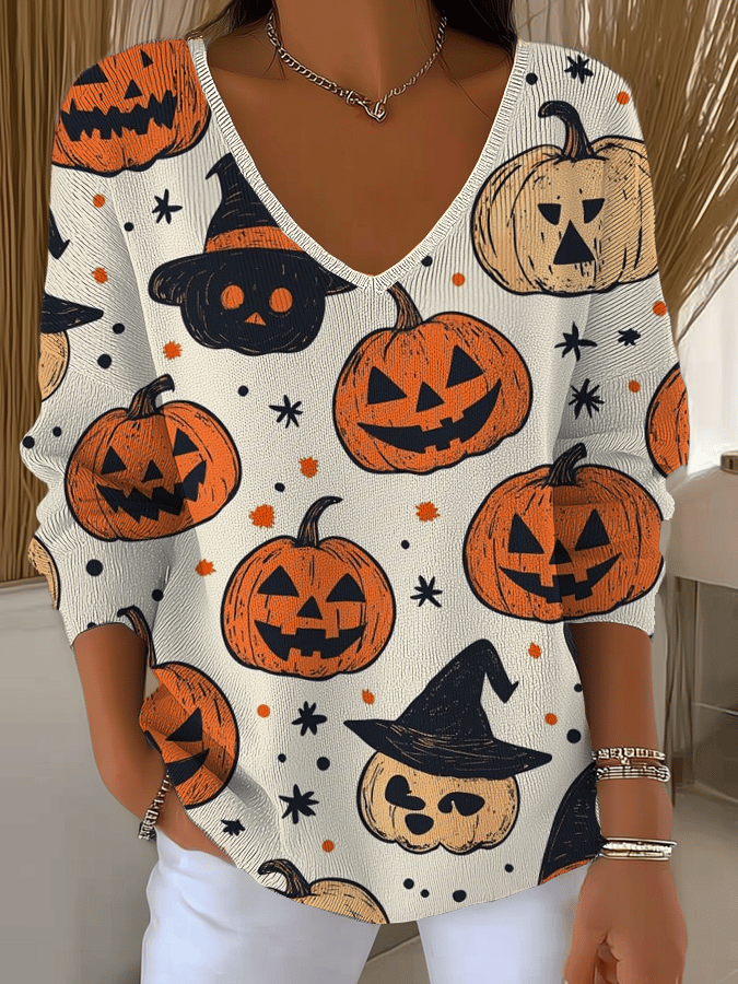 Women's Ghost Face Pumpkin Print Casual Striped Fabric Long Sleeve T-shirt