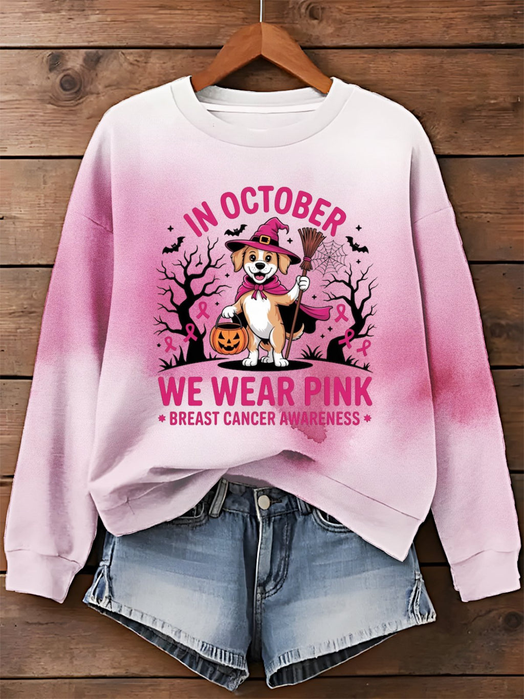 Dog In October We Wear Pink Art Printed Sweatshirt