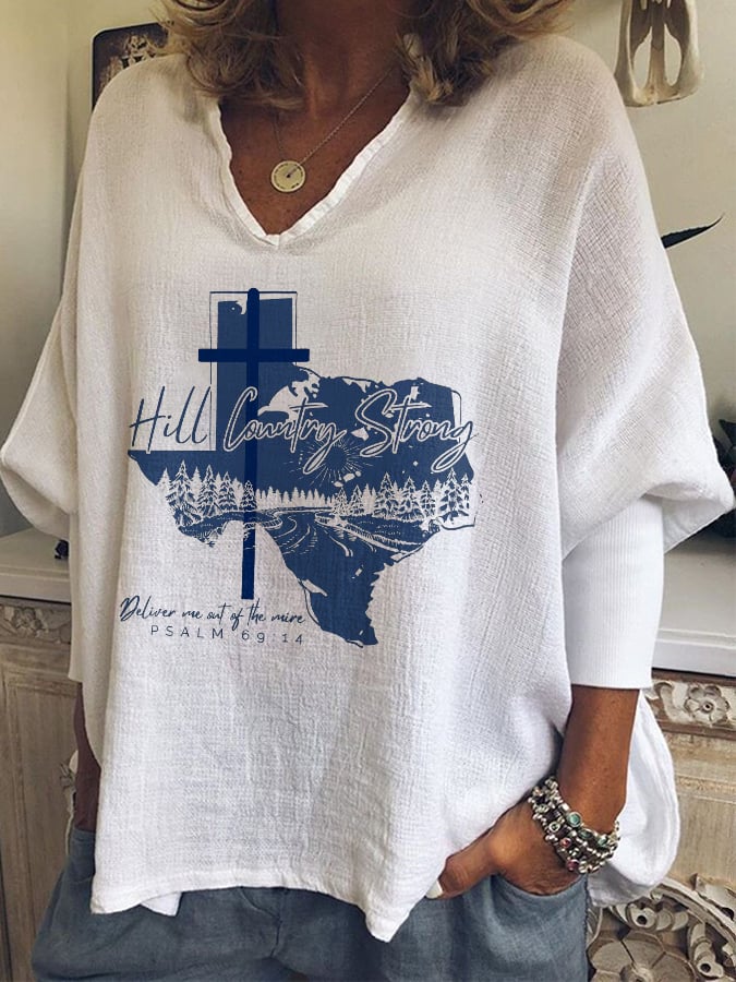 V-neck Retro Texas Strong Hill Country Strong Deliver Me Out Of The Mire Psalm 69:14 Print T-shirt