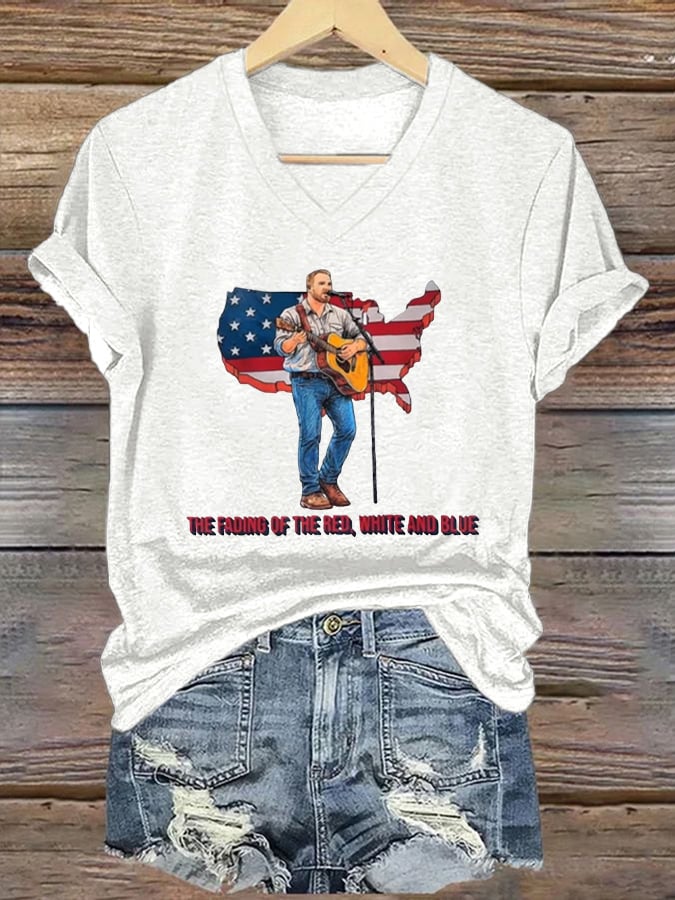 V-Neck The Fading of the Red White and Blue Print T-Shirt