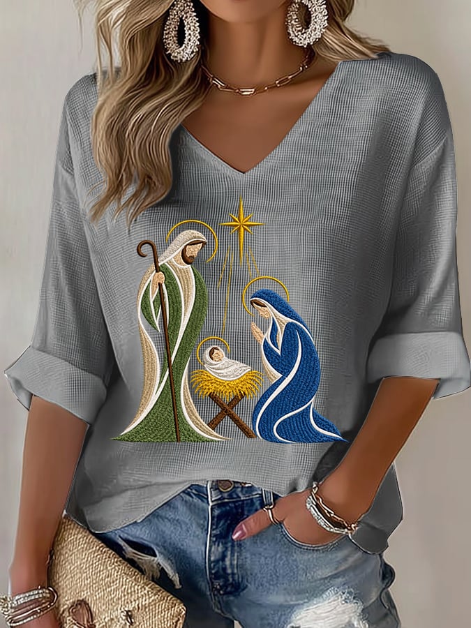 Women's Casual Printed Waffle Top