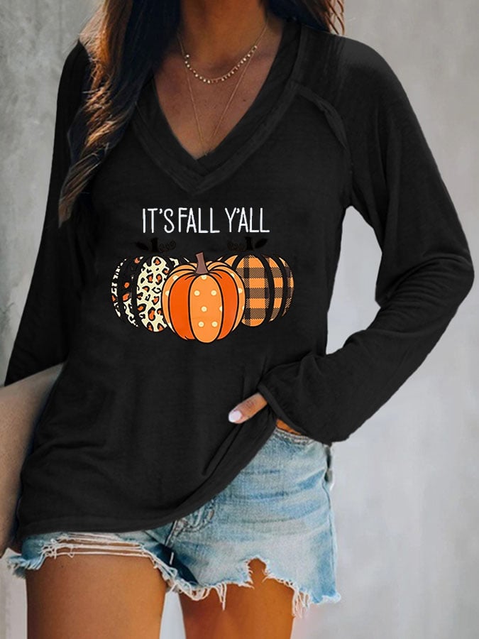 Halloween Bats Print V-neck  Long Sleeve Casual T-Shirt