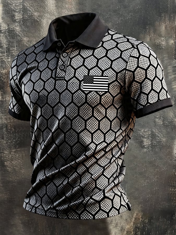 Men's Retro Patriotic Color-Block Short-Sleeve Polo Shirt