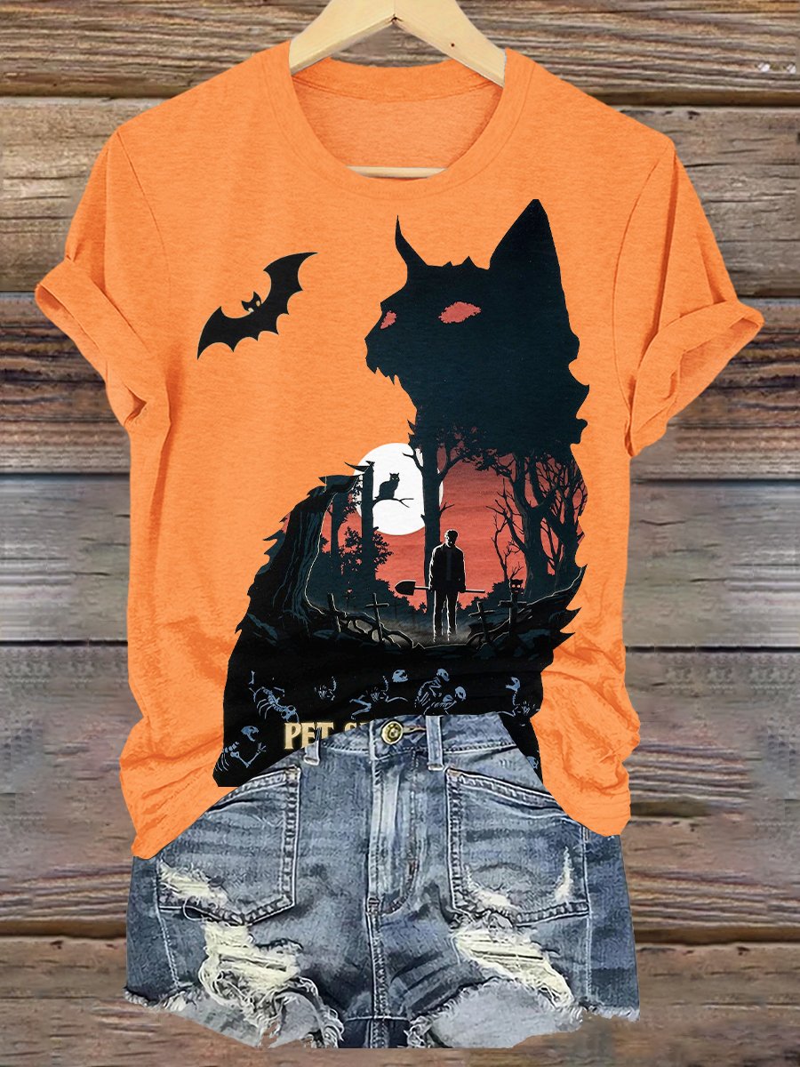 Halloween Evil Black Cat Color Casual Print Crew Neck T-shirt