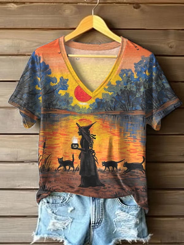 Halloween Witch Casual Print Short Sleeve V Neck T-Shirt