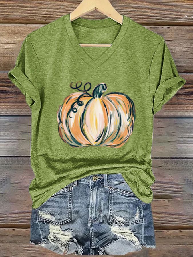 Women's Autumn Hand-Painted Pumpkin Casual Print T-Shirt
