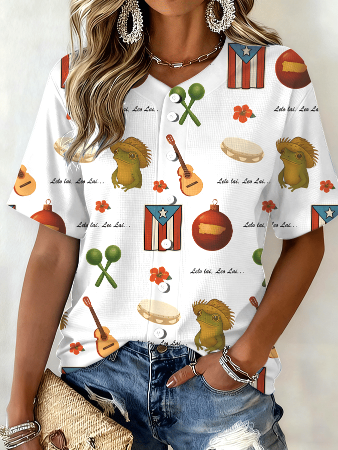 Women's Puerto Rico Hohoho Christmas Baseball Printed Top