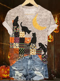 Women's Fall Pumpkin Cat Print Casual T-Shirt