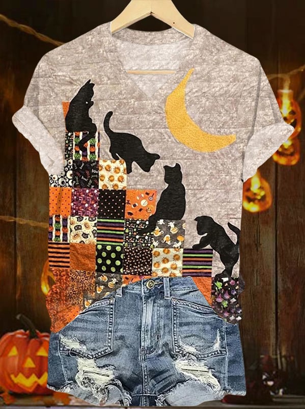 Women's Fall Pumpkin Cat Print Casual T-Shirt