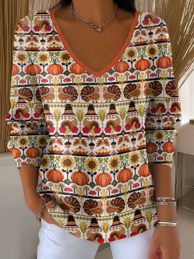 Women's Casual Autumn Pumpkin Turkey Stripe Long Sleeve Bottoming Shirt