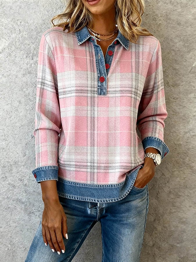 Women'S Casual Lapel Contrast Color Stitching Plaid Top