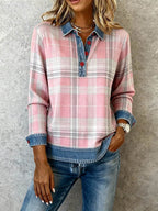 Women'S Casual Lapel Contrast Color Stitching Plaid Top