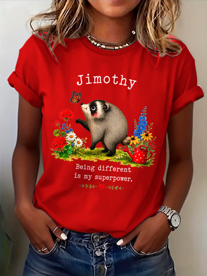 Retro Jimothy Raccoon Being Different Is My Superpower Print T-Shirt