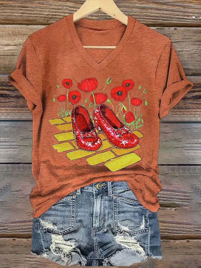 Women's Halloween Red Shoes Printed Casual T-Shirts