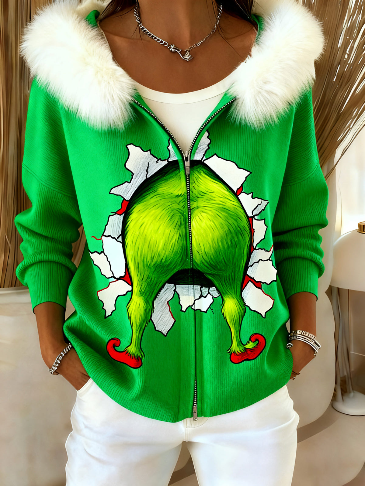 Women's Winter Fun Green Christmas Fur Collar Zipper Cardigan