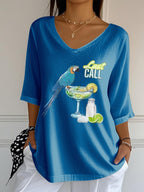 Women's Retro Parrot Margarita Print Mid Sleeve T-Shirt