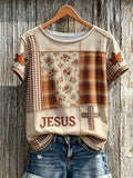 Women's Autumn Patchwork JESUS Print T-Shirt