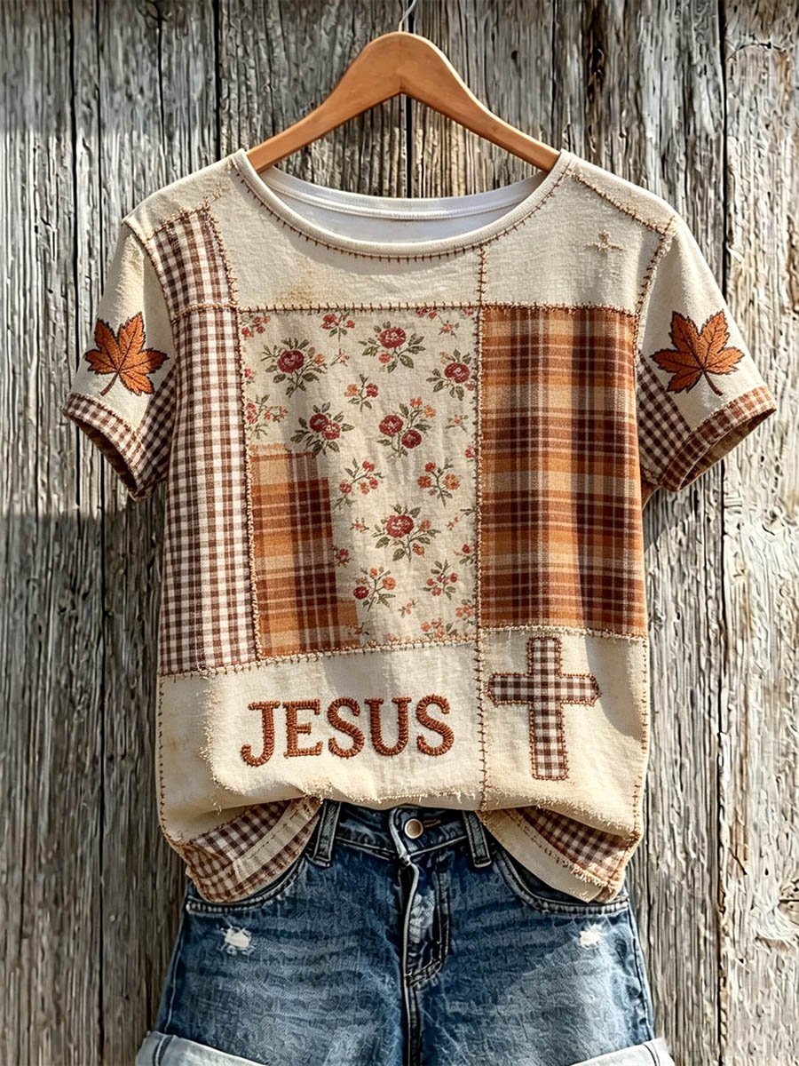 Women's Autumn Patchwork JESUS Print T-Shirt