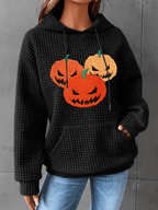 Women's Pumpkin Face Print Waffle Fabric Hooded Sweatshirt