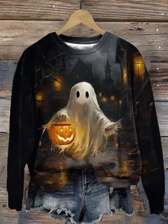 Women's Halloween Pumpkin Ghost Print Round Neck Sweatshirt