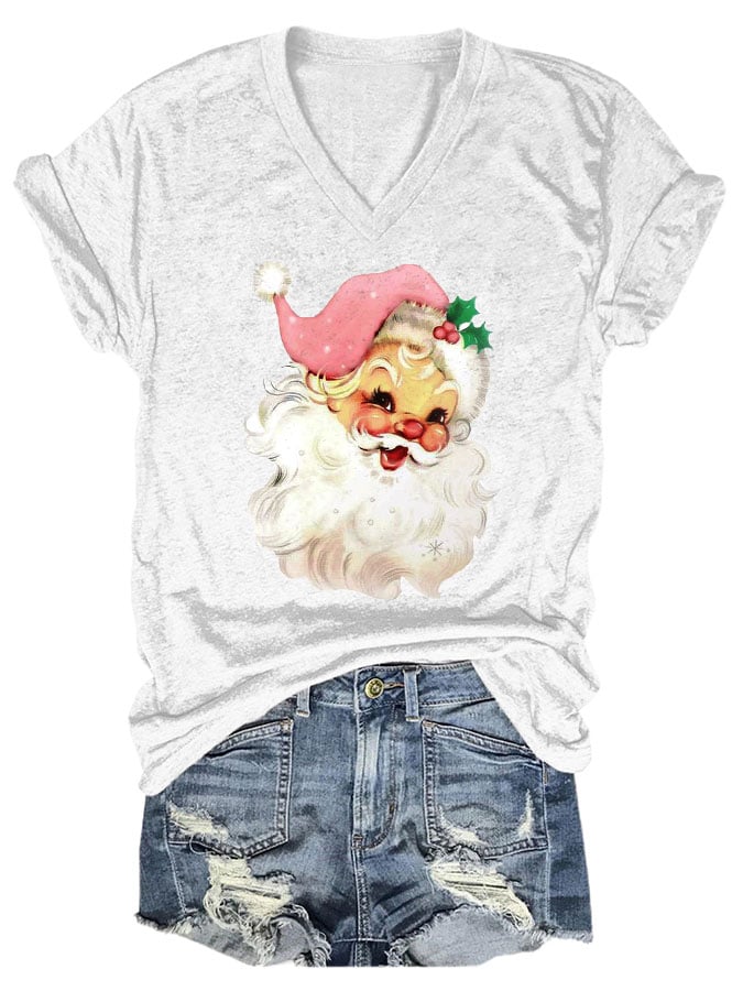Christmas Retro Pink Santa Print T-Shirt
