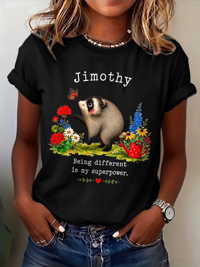 Retro Jimothy Raccoon Being Different Is My Superpower Print T-Shirt