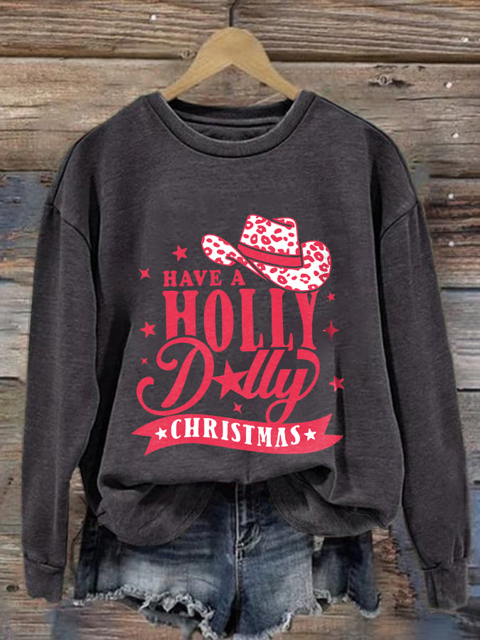 Retro Western Leopard Christmas Cowgirl Have A Holly Christmas Print Sweatshirt