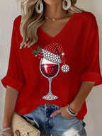 Women's Wine Glass With Santa Hat Print V Neck T-shirt