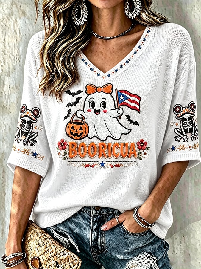 Women's Halloween In Puerto Rico Print Waffle-Knit Top