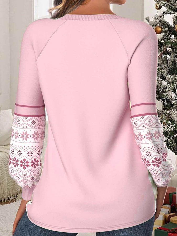 Women's Christmas Printed Raglan Crew Neck Top