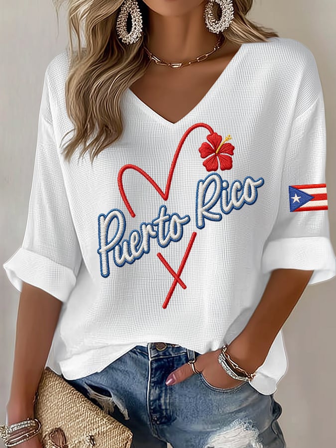 Women's Puerto Rico  Print Casual Waffle Fabric T-Shirt