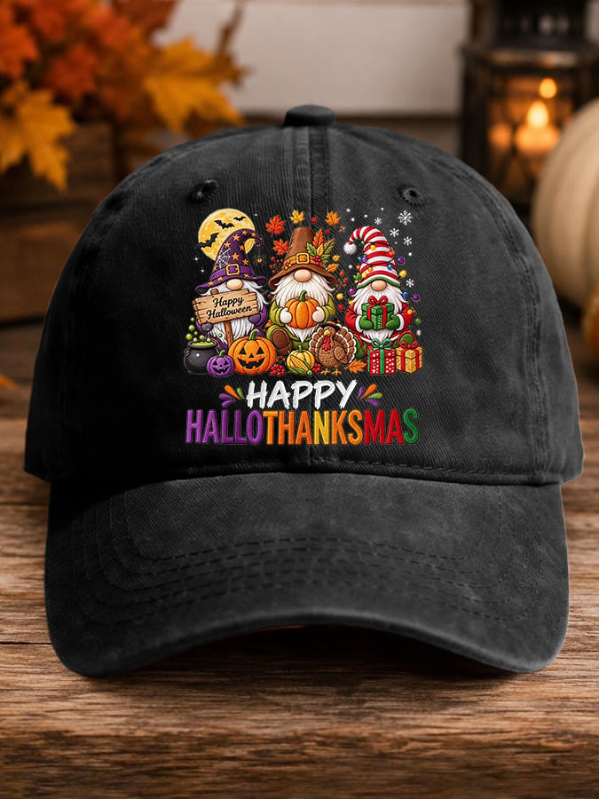 Retro Happy Hallothanksmas Gnome Halloween Thanksgiving Christmas Print Baseball Cap