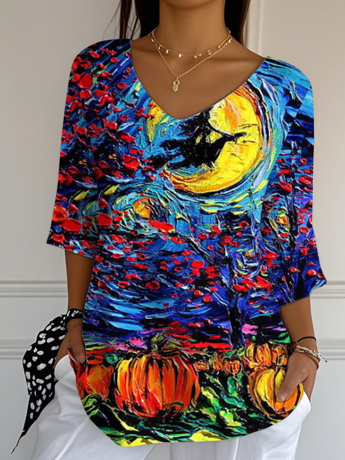 Women'S Casual Halloween V-Neck T-Shirt