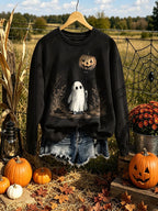 Retro Halloween Pumpkin Ghost Horror Print Sweatshirt