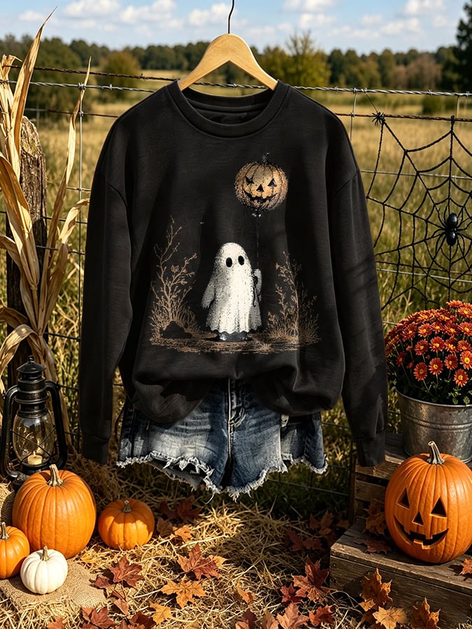 Retro Halloween Pumpkin Ghost Horror Print Sweatshirt