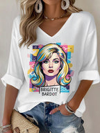 V-Neck Retro B.B. Watercolor Painting Print T-Shirt