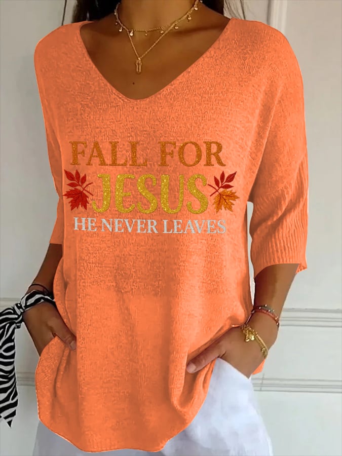 Women's Fall For Jesus He Never Leaves T-Shirt