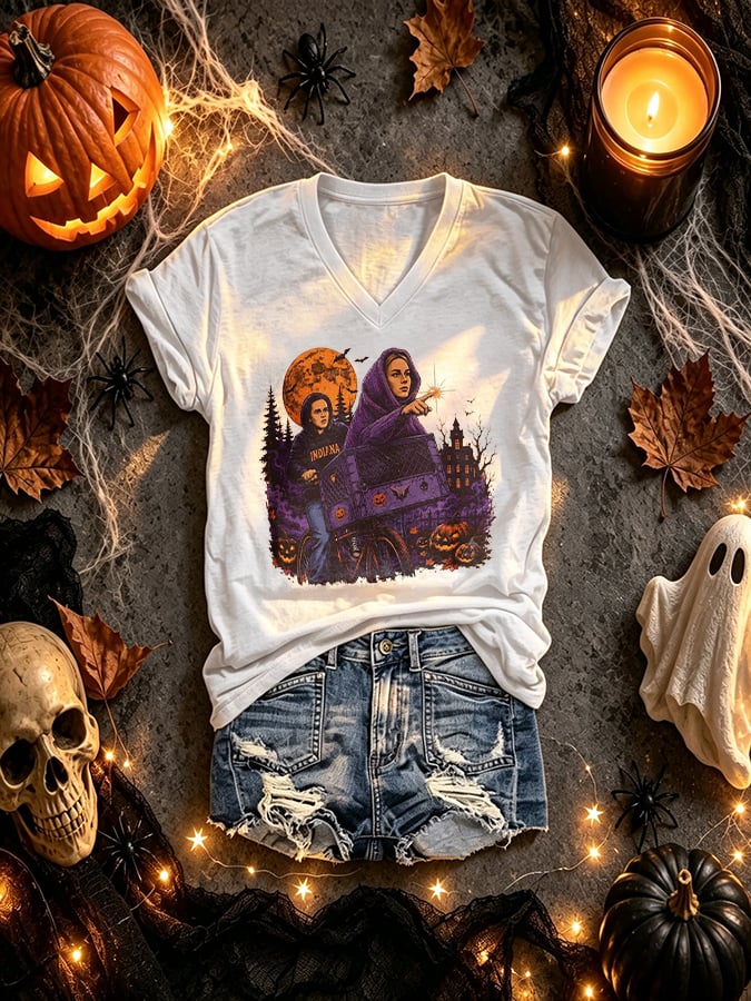V-Neck Retro Funny Halloween Basketball Don't Point At Me Trick Or Treat Print T-Shirt