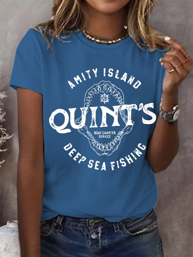 Women's Amity Island 1975 Deep Sea Fishing Print Round Neck T-Shirt