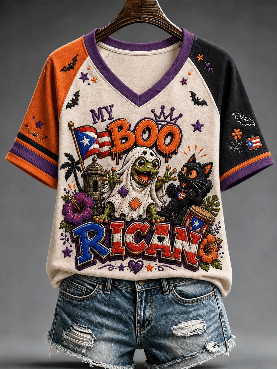 Women's Casual Boricua Halloween Printed Short-Sleeve T-Shirt