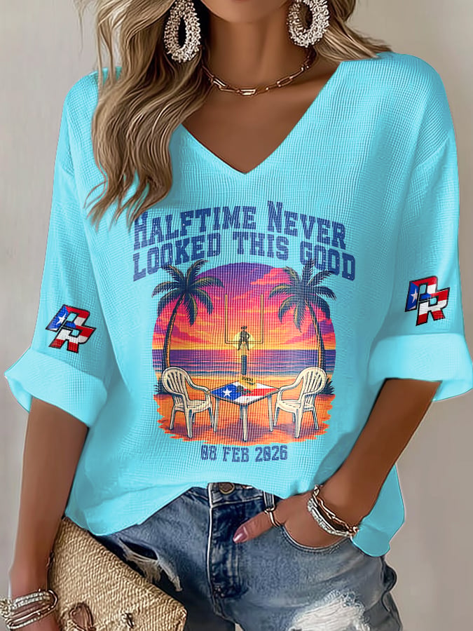 Rugby team color casual Women's Football Print V Neck T-shirt