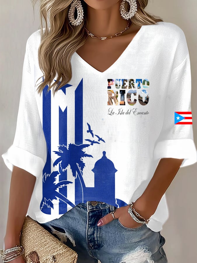 Women's Puerto Rico  Print Casual Waffle Fabric T-Shirt